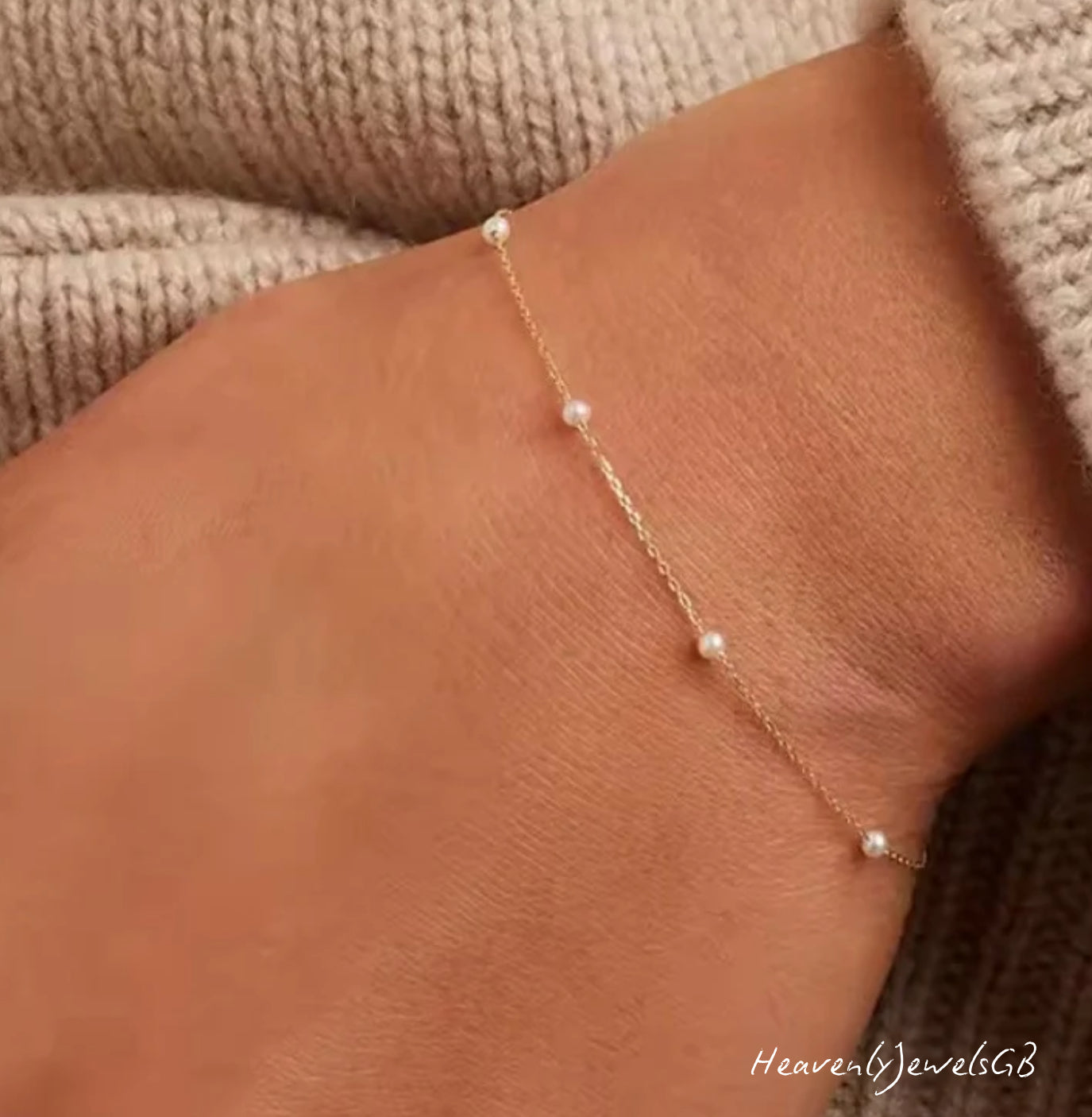 18k Gold Plated 925 Sterling Silver Filled Dainty Thin Pearl Beaded Bracelet